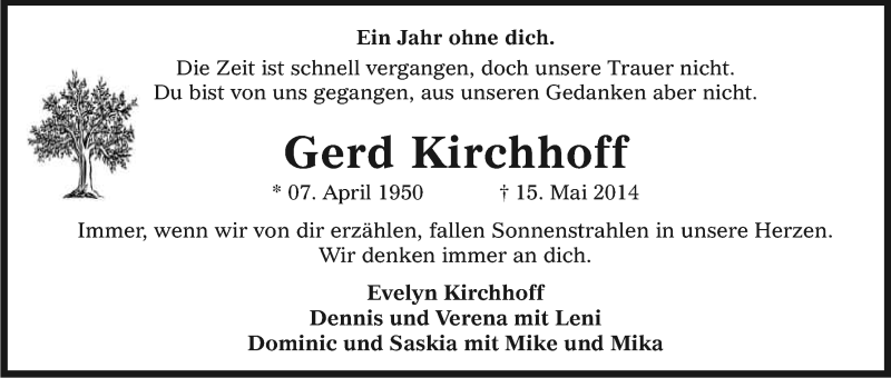  Traueranzeige für Gerd Kirchhoff vom 16.05.2015 aus Kölner Stadt-Anzeiger / Kölnische Rundschau / Express