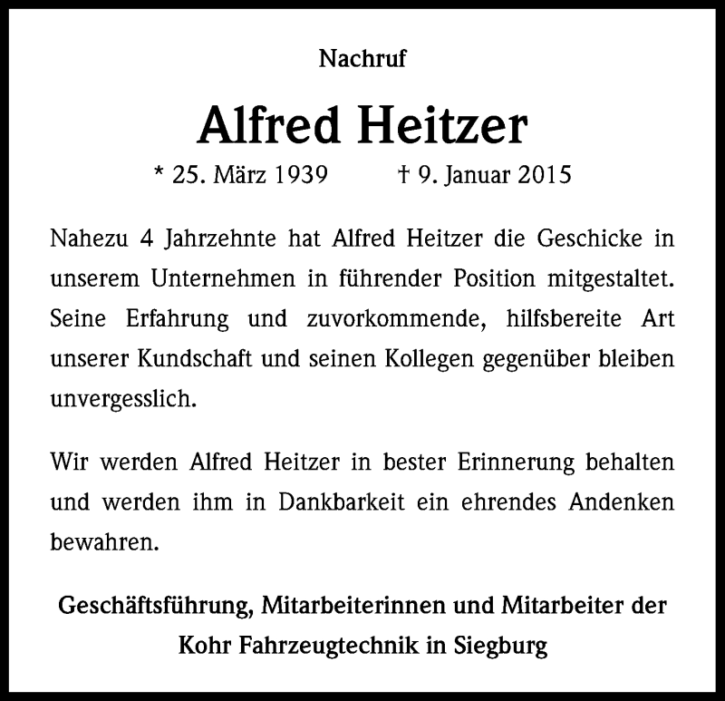  Traueranzeige für Alfred Heitzer vom 21.01.2015 aus Kölner Stadt-Anzeiger / Kölnische Rundschau / Express
