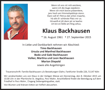 Anzeige von Klaus Backhausen von  Kölner Wochenspiegel 