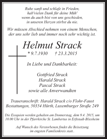 Anzeige von Helmut Strack von  Werbepost 