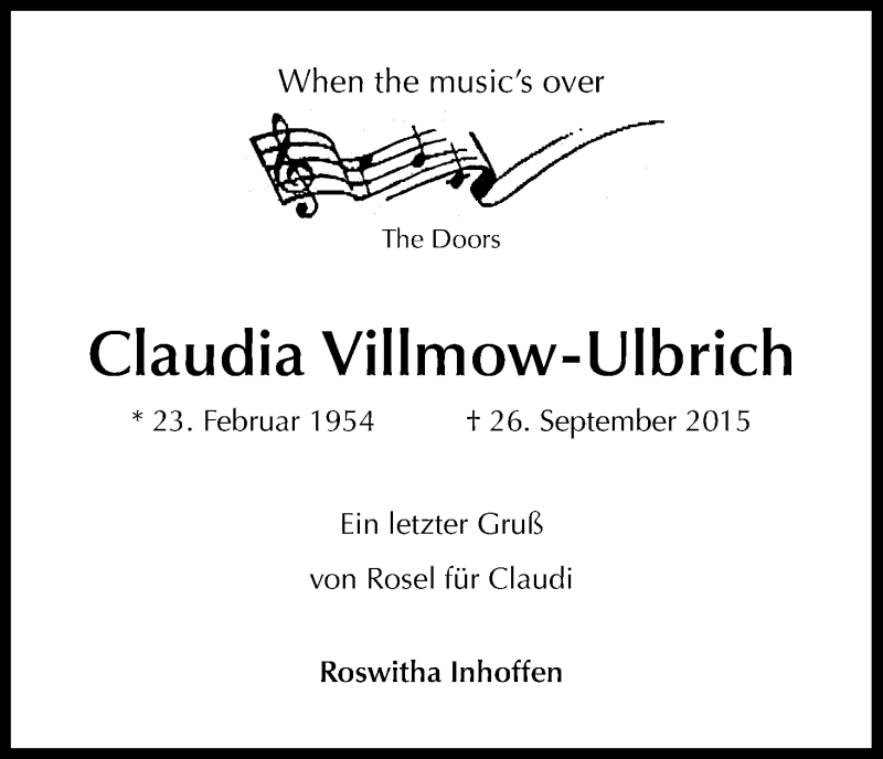  Traueranzeige für Claudia Villmow-Ulbrich vom 17.10.2015 aus Kölner Stadt-Anzeiger / Kölnische Rundschau / Express