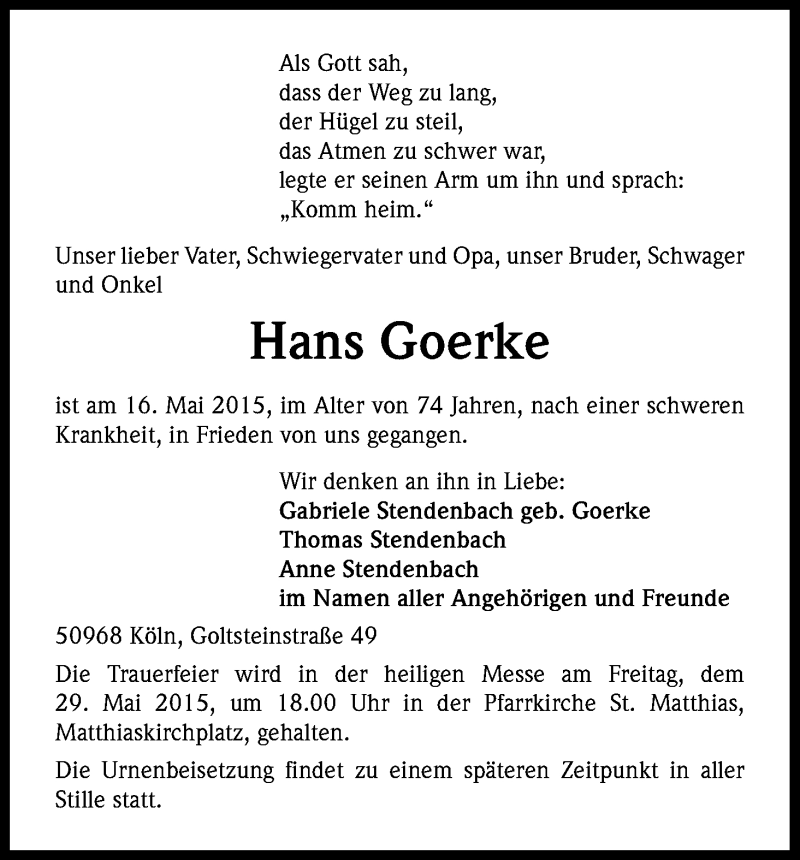  Traueranzeige für Hans Goerke vom 23.05.2015 aus Kölner Stadt-Anzeiger / Kölnische Rundschau / Express