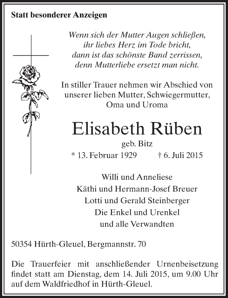  Traueranzeige für Elisabeth Rüben vom 11.07.2015 aus  Sonntags-Post 
