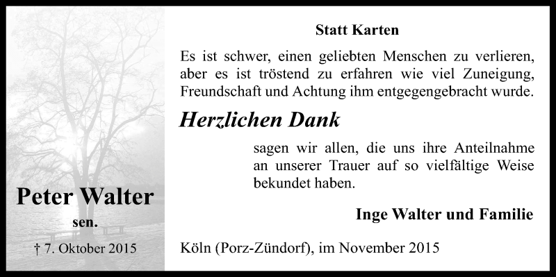  Traueranzeige für Peter Walter vom 04.11.2015 aus  Kölner Wochenspiegel 