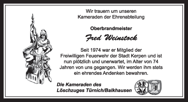  Traueranzeige für Fred Weinstock vom 21.01.2015 aus  Werbepost 