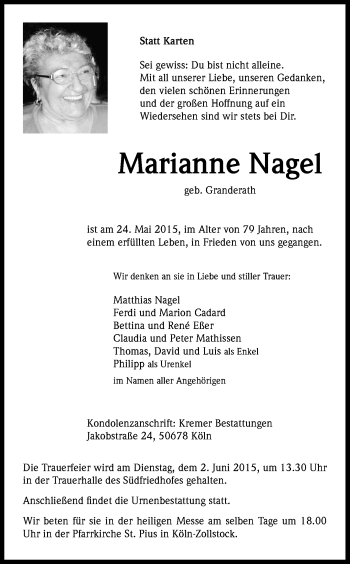 Anzeige von Marianne Nagel von Kölner Stadt-Anzeiger / Kölnische Rundschau / Express
