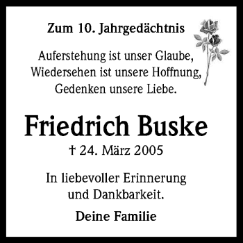 Anzeige von Friedrich Buske von Kölner Stadt-Anzeiger / Kölnische Rundschau / Express