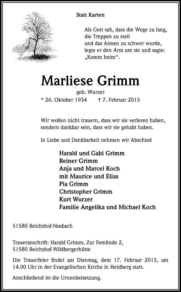  Traueranzeige für Marliese Grimm vom 11.02.2015 aus Kölner Stadt-Anzeiger / Kölnische Rundschau / Express