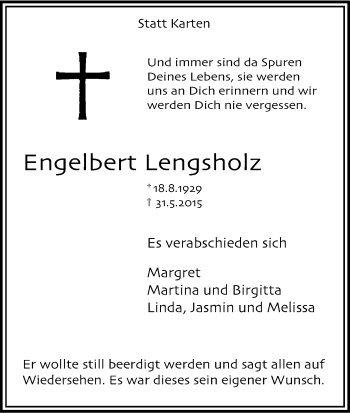 Anzeige von Engelbert Lengsholz von Kölner Stadt-Anzeiger / Kölnische Rundschau / Express