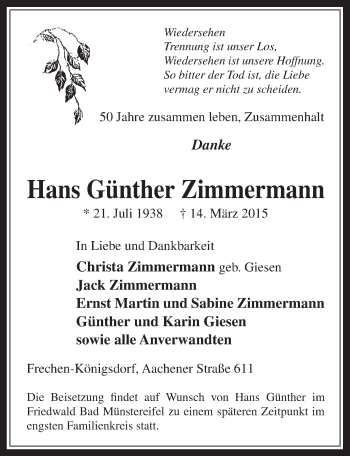 Anzeige von Hans Günther Zimmermann von  Wochenende 