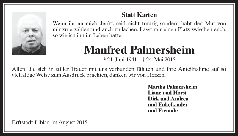  Traueranzeige für Manfred Palmersheim vom 12.08.2015 aus  Werbepost 