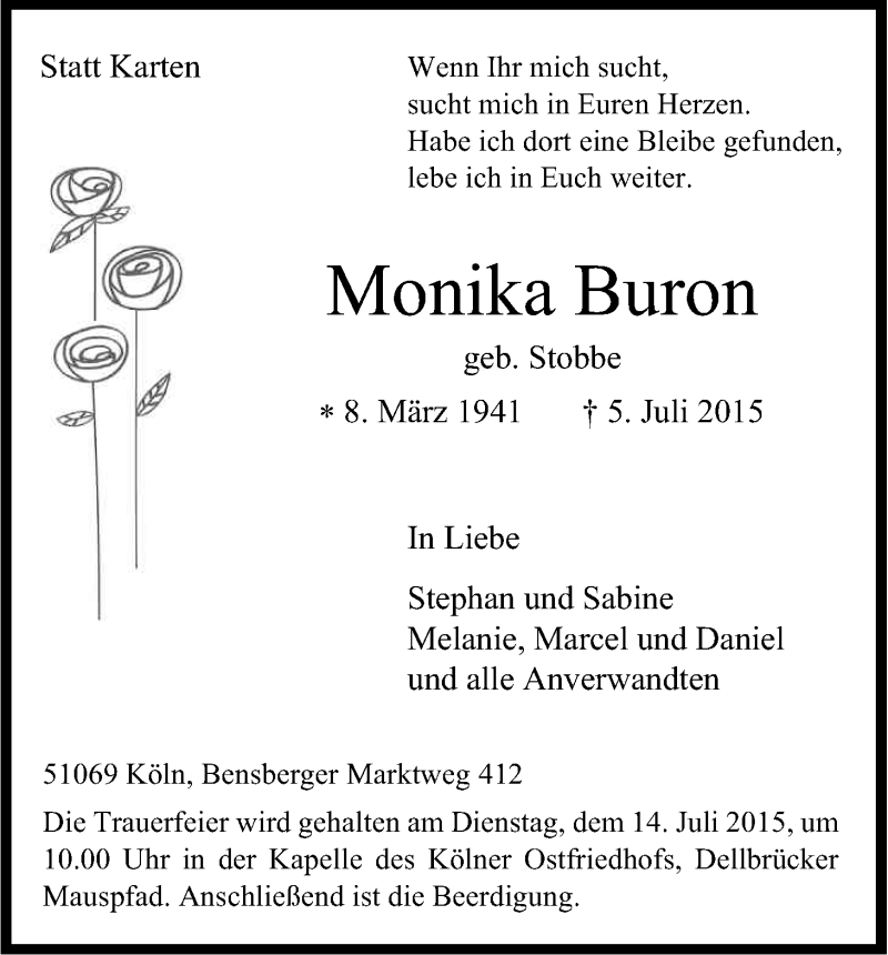  Traueranzeige für Monika Buron vom 11.07.2015 aus Kölner Stadt-Anzeiger / Kölnische Rundschau / Express