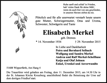 Anzeige von Elisabeth Merkel von Kölner Stadt-Anzeiger / Kölnische Rundschau / Express