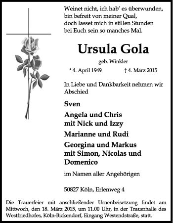 Anzeige von Ursula Gola von Kölner Stadt-Anzeiger / Kölnische Rundschau / Express