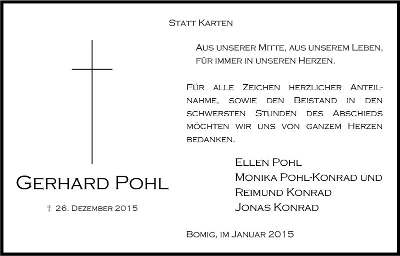  Traueranzeige für Gerhard Pohl vom 24.01.2015 aus Kölner Stadt-Anzeiger / Kölnische Rundschau / Express