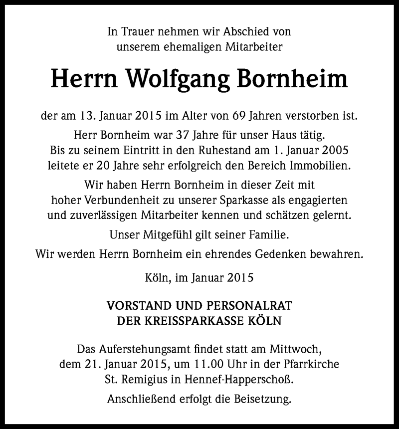  Traueranzeige für Wolfgang Bornheim vom 20.01.2015 aus Kölner Stadt-Anzeiger / Kölnische Rundschau / Express