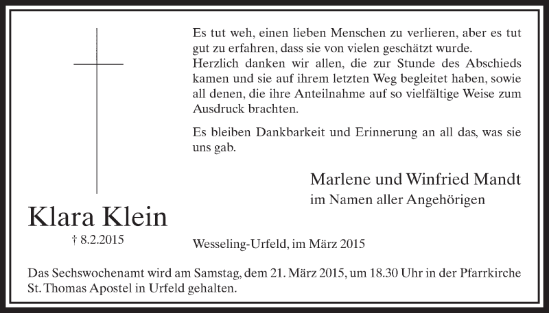  Traueranzeige für Klara Klein vom 11.03.2015 aus  Schlossbote/Werbekurier 