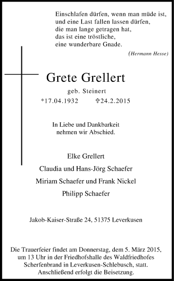 Anzeige von Grete Grellert von Kölner Stadt-Anzeiger / Kölnische Rundschau / Express