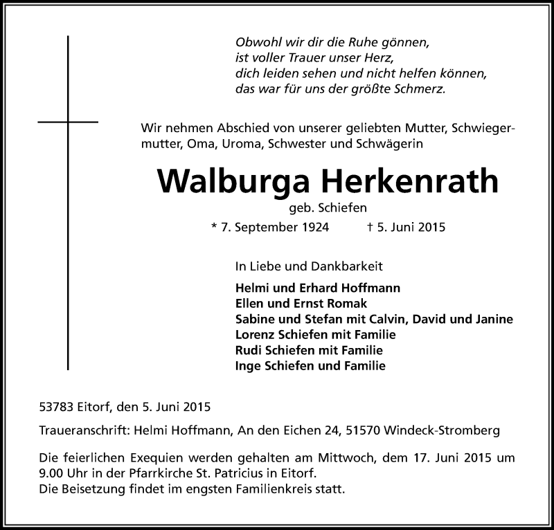  Traueranzeige für Walburga Herkenrath vom 12.06.2015 aus Kölner Stadt-Anzeiger / Kölnische Rundschau / Express
