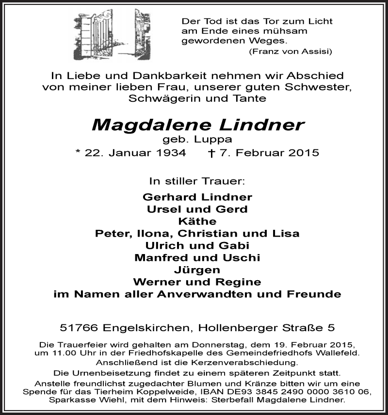  Traueranzeige für Magdalene Lindner vom 18.02.2015 aus  Anzeigen Echo 