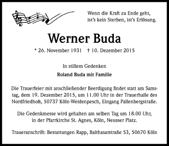 Anzeige von Werner Buda von Kölner Stadt-Anzeiger / Kölnische Rundschau / Express