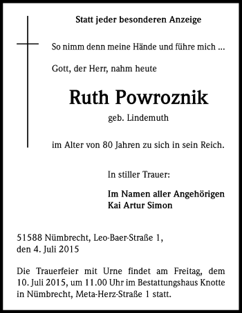 Anzeige von Ruth Powroznik von Kölner Stadt-Anzeiger / Kölnische Rundschau / Express