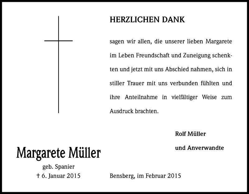  Traueranzeige für Margarete Müller vom 03.02.2015 aus Kölner Stadt-Anzeiger / Kölnische Rundschau / Express