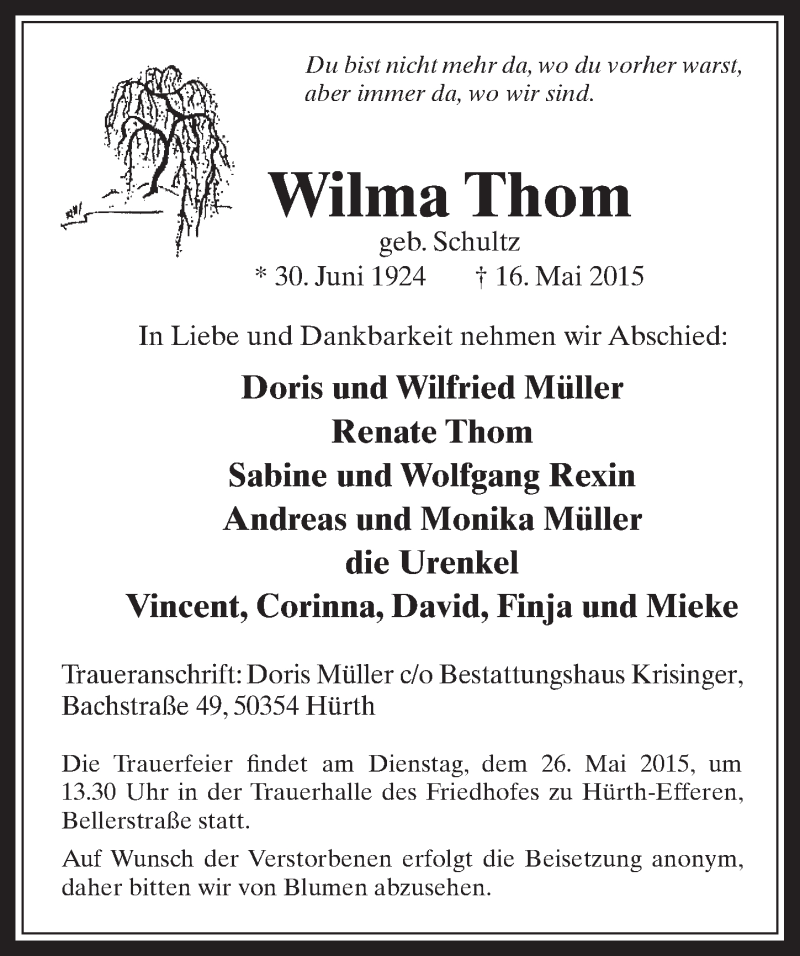  Traueranzeige für Wilma Thom vom 20.05.2015 aus  Wochenende 