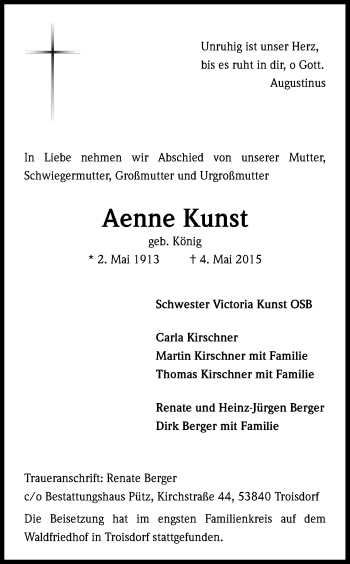Anzeige von Aenne Kunst von Kölner Stadt-Anzeiger / Kölnische Rundschau / Express