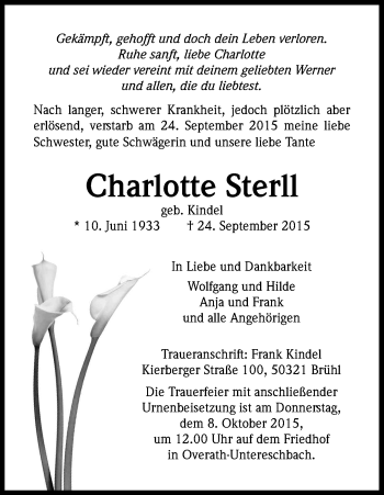 Anzeige von Charlotte Sterll von Kölner Stadt-Anzeiger / Kölnische Rundschau / Express