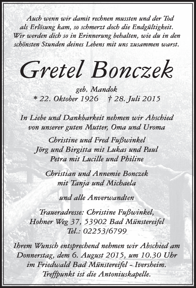  Traueranzeige für Gretel Bonczek vom 01.08.2015 aus  Sonntags-Post 