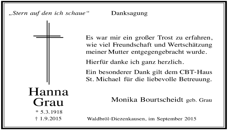  Traueranzeige für Hanna Grau vom 23.09.2015 aus  Lokalanzeiger 
