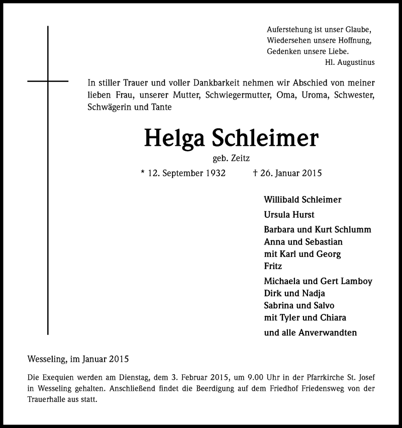  Traueranzeige für Helga Schleimer vom 31.01.2015 aus Kölner Stadt-Anzeiger / Kölnische Rundschau / Express