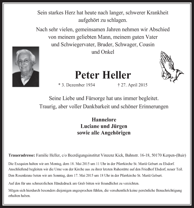  Traueranzeige für Peter Heller vom 13.05.2015 aus  Werbepost 
