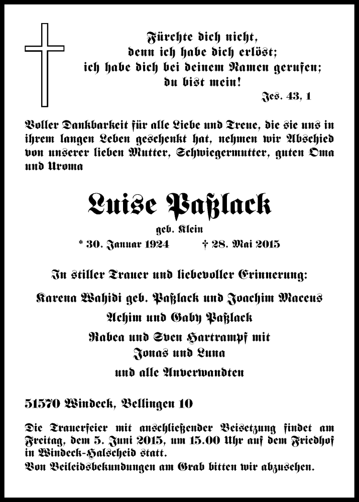  Traueranzeige für Luise Paßlack vom 01.06.2015 aus Kölner Stadt-Anzeiger / Kölnische Rundschau / Express