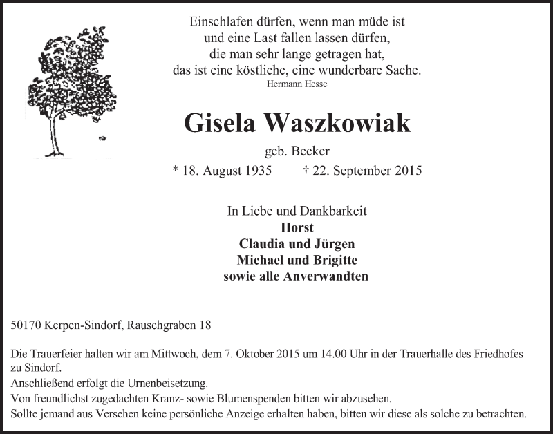  Traueranzeige für Gisela Waszkowiak vom 30.09.2015 aus  Werbepost 