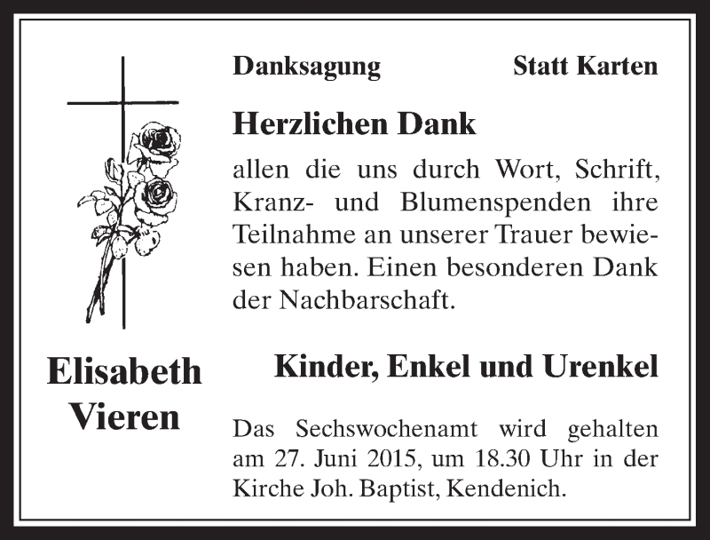  Traueranzeige für Elisabeth Vieren vom 17.06.2015 aus  Wochenende 