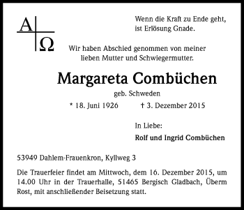 Anzeige von Margareta Combüchen von Kölner Stadt-Anzeiger / Kölnische Rundschau / Express