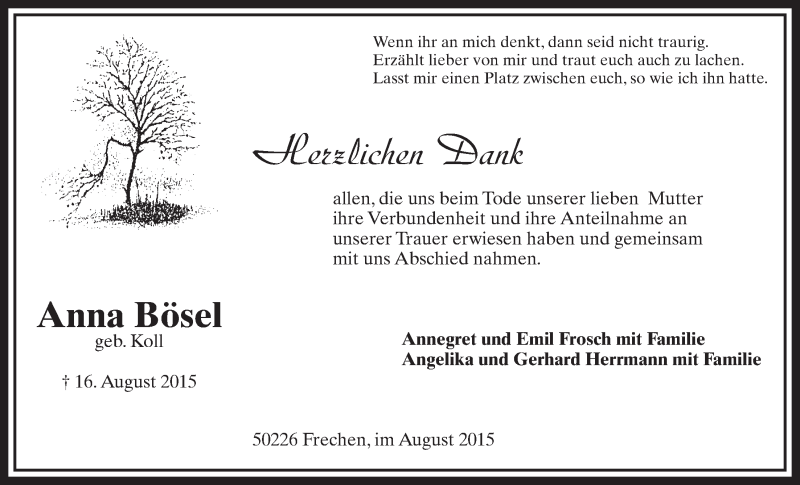  Traueranzeige für Anna Bösel vom 29.08.2015 aus  Sonntags-Post 