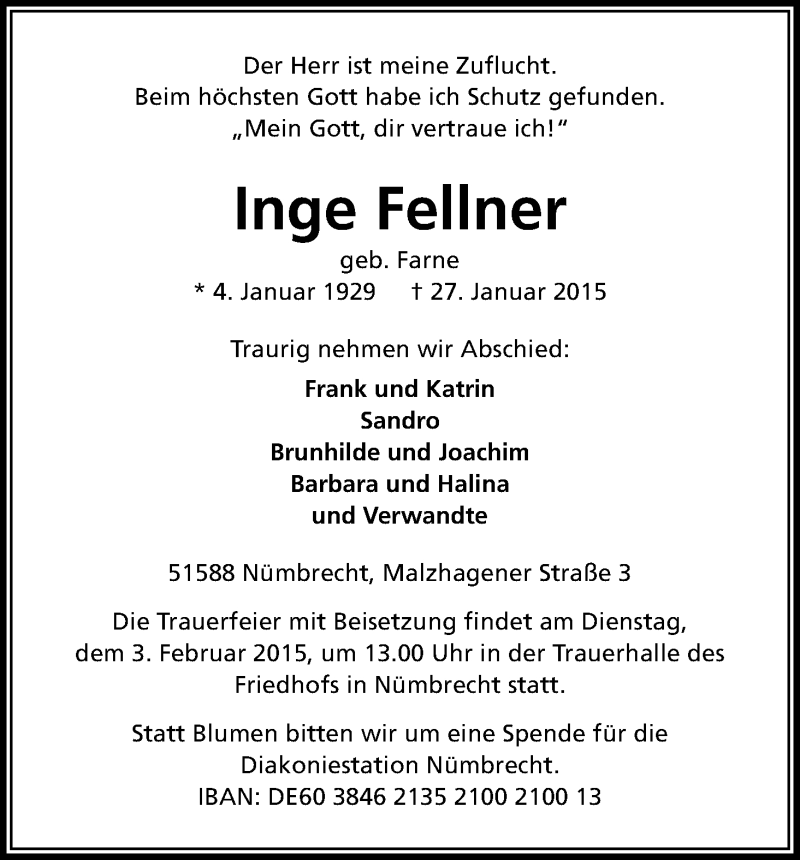  Traueranzeige für Inge Fellner vom 31.01.2015 aus Kölner Stadt-Anzeiger / Kölnische Rundschau / Express