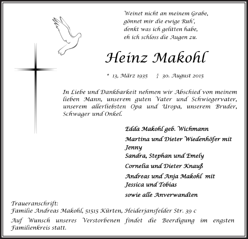  Traueranzeige für Heinz Makohl vom 02.09.2015 aus  Bergisches Handelsblatt 