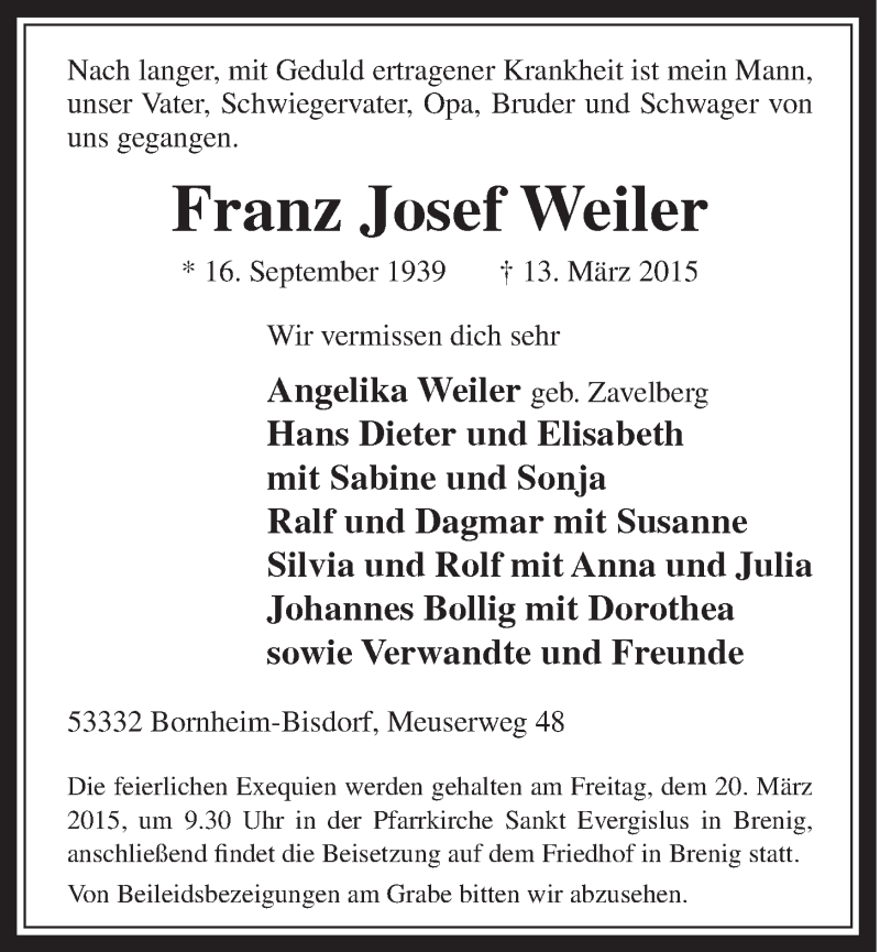  Traueranzeige für Franz Josef Weiler vom 18.03.2015 aus  Schaufenster/Blickpunkt 