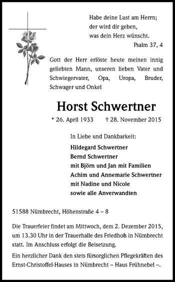 Anzeige von Horst Schwertner von Kölner Stadt-Anzeiger / Kölnische Rundschau / Express
