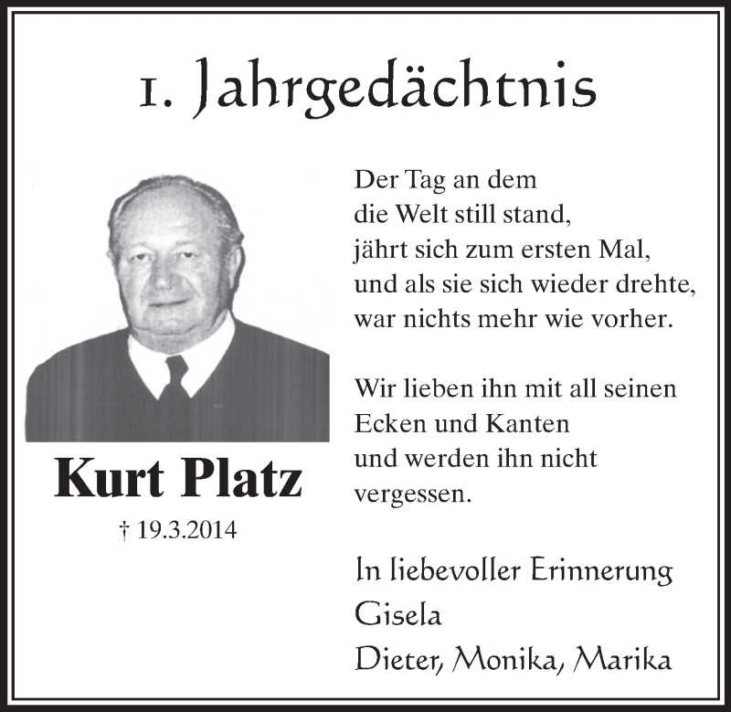  Traueranzeige für Kurt Platz vom 18.03.2015 aus  Schlossbote/Werbekurier 