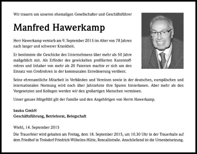  Traueranzeige für Manfred Hawerkamp vom 16.09.2015 aus Kölner Stadt-Anzeiger / Kölnische Rundschau / Express
