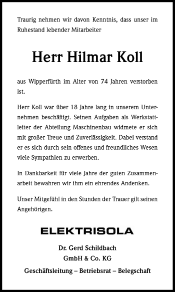 Anzeige von Hilmar Koll von Kölner Stadt-Anzeiger / Kölnische Rundschau / Express
