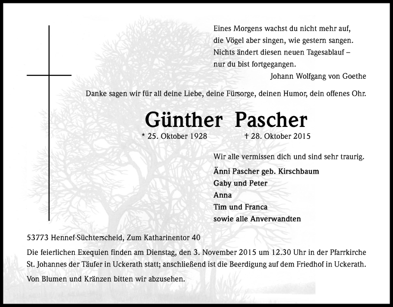  Traueranzeige für Günther Pascher vom 02.11.2015 aus Kölner Stadt-Anzeiger / Kölnische Rundschau / Express