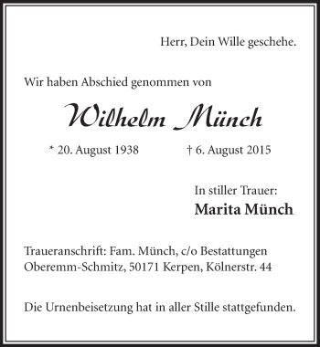 Anzeige von Wilhelm Münch von  Sonntags-Post 