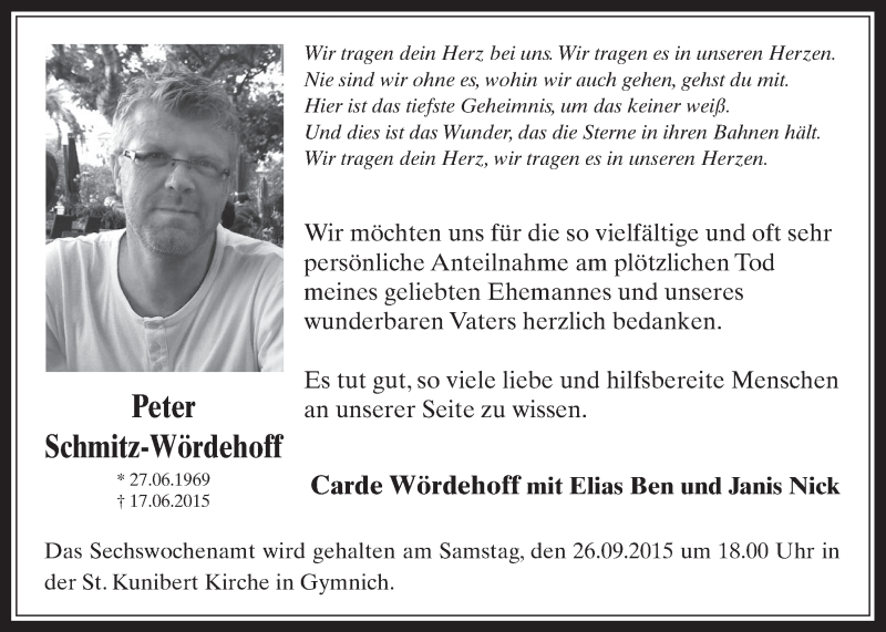  Traueranzeige für Peter Schmitz-Wördehoff vom 23.09.2015 aus  Werbepost 