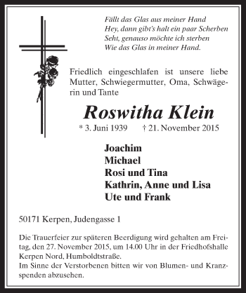 Anzeige von Roswitha Klein von  Werbepost 